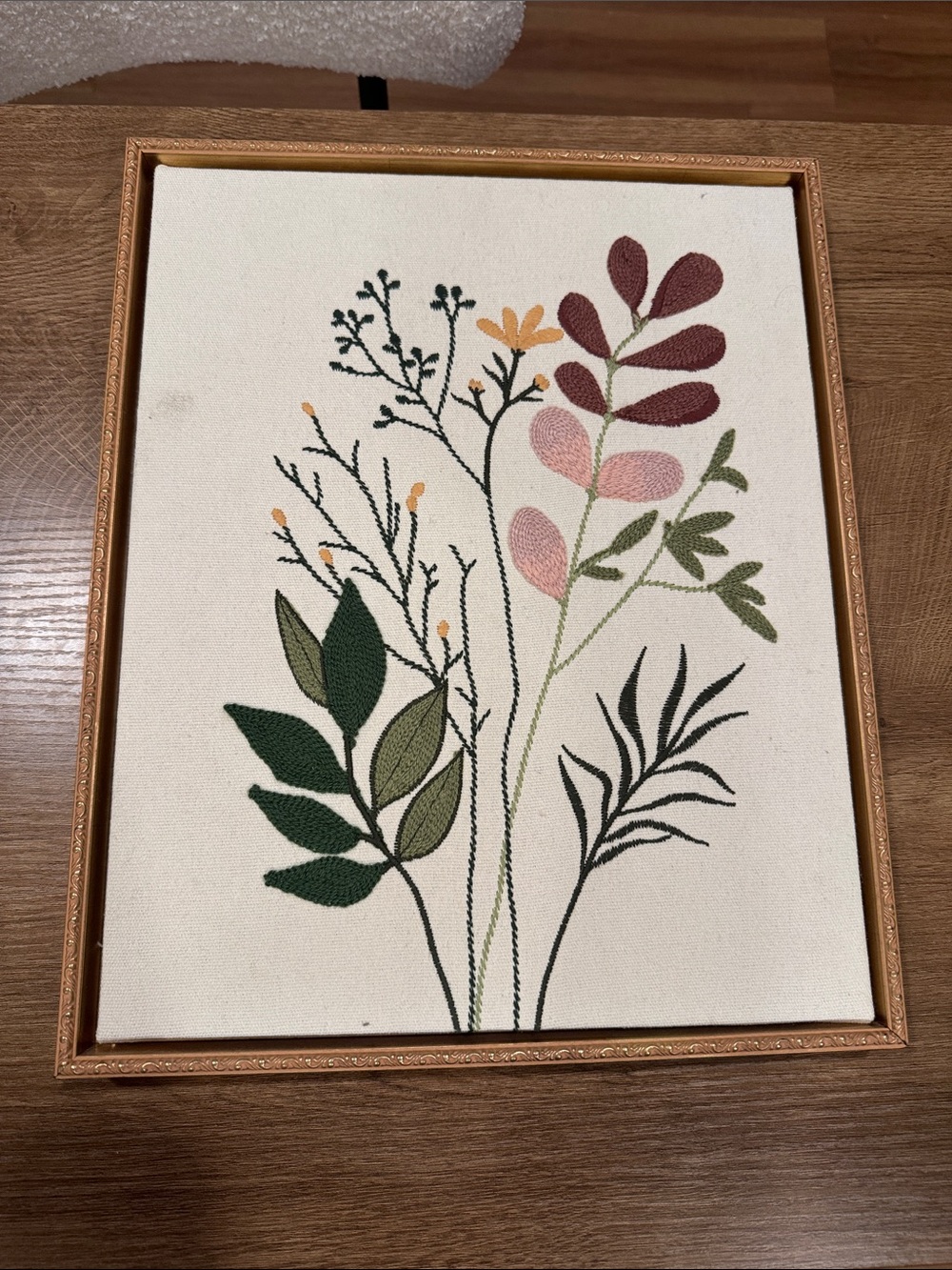 Botanical Embroidered Wall Art in Green, Pink & Mustard